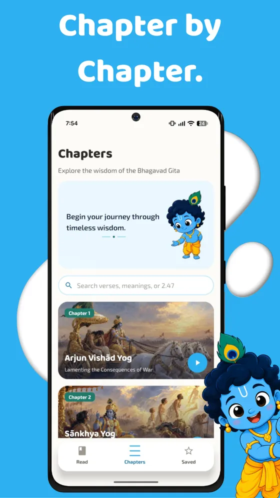 Kanha app screenshot: Chapter by chapter. The Chapters tab, with a search box and a cover for each chapter