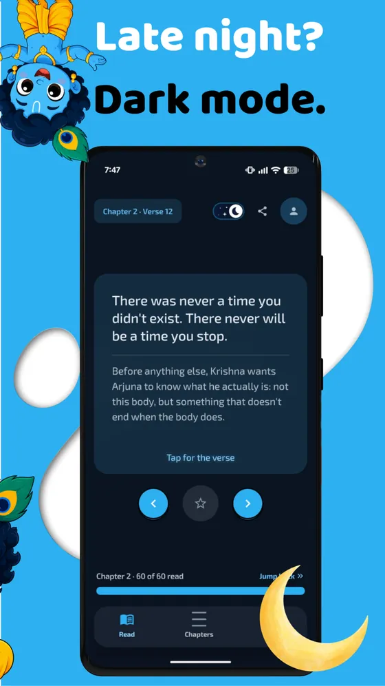 Kanha app screenshot: Late night? Dark mode. The reading screen in dark mode